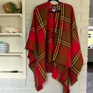 Lands End Plaid Fringed Open Front Shawl
